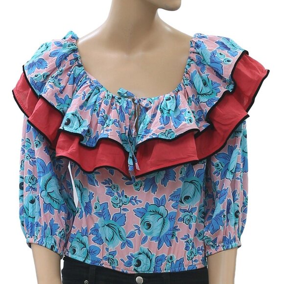 Rhode Resort Voile Floral Printed Bodysuit Top Cotton Tiered Ruffle S New 273444 - Picture 2 of 4